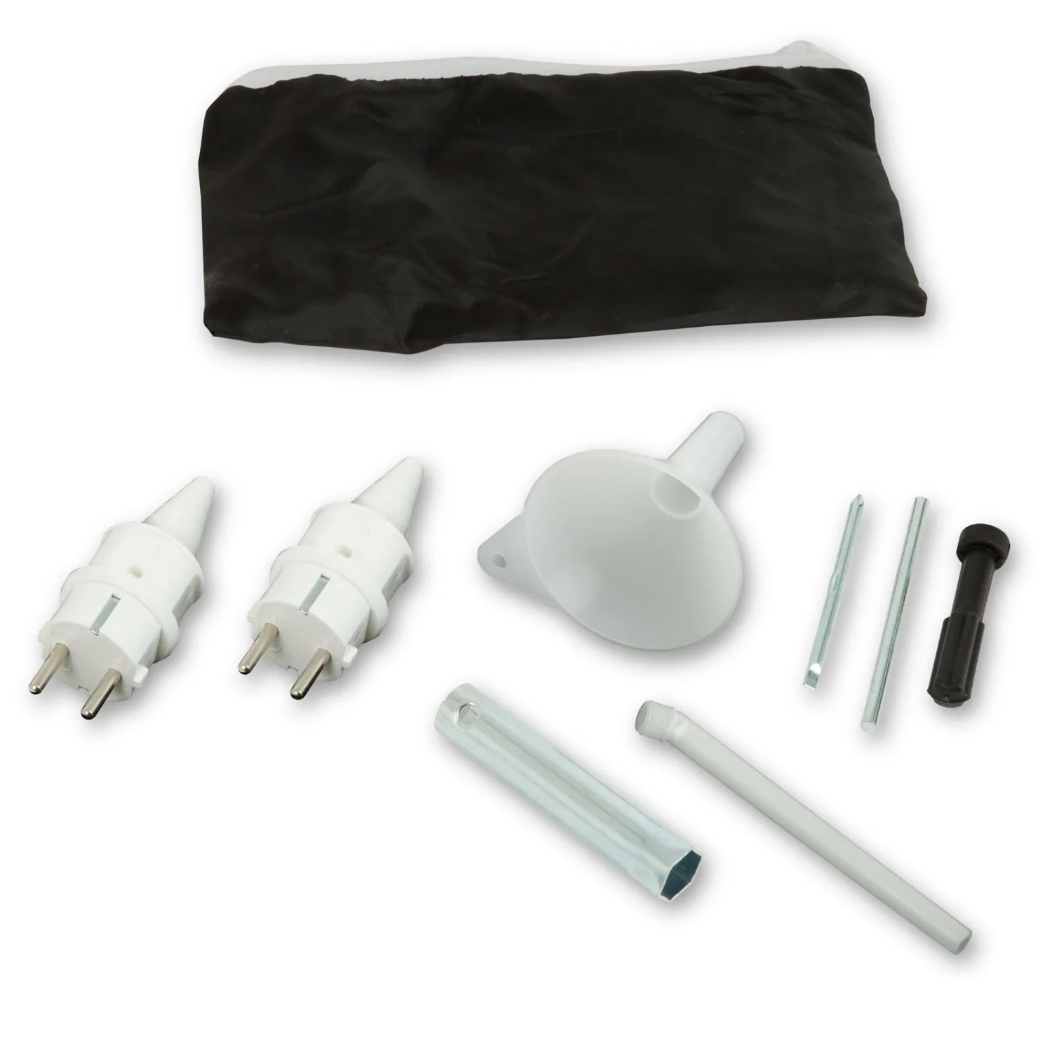 Zubehör für EBERTH Inverter Stromerzeuger: Tasche, Stecker, Trichter, Werkzeug.