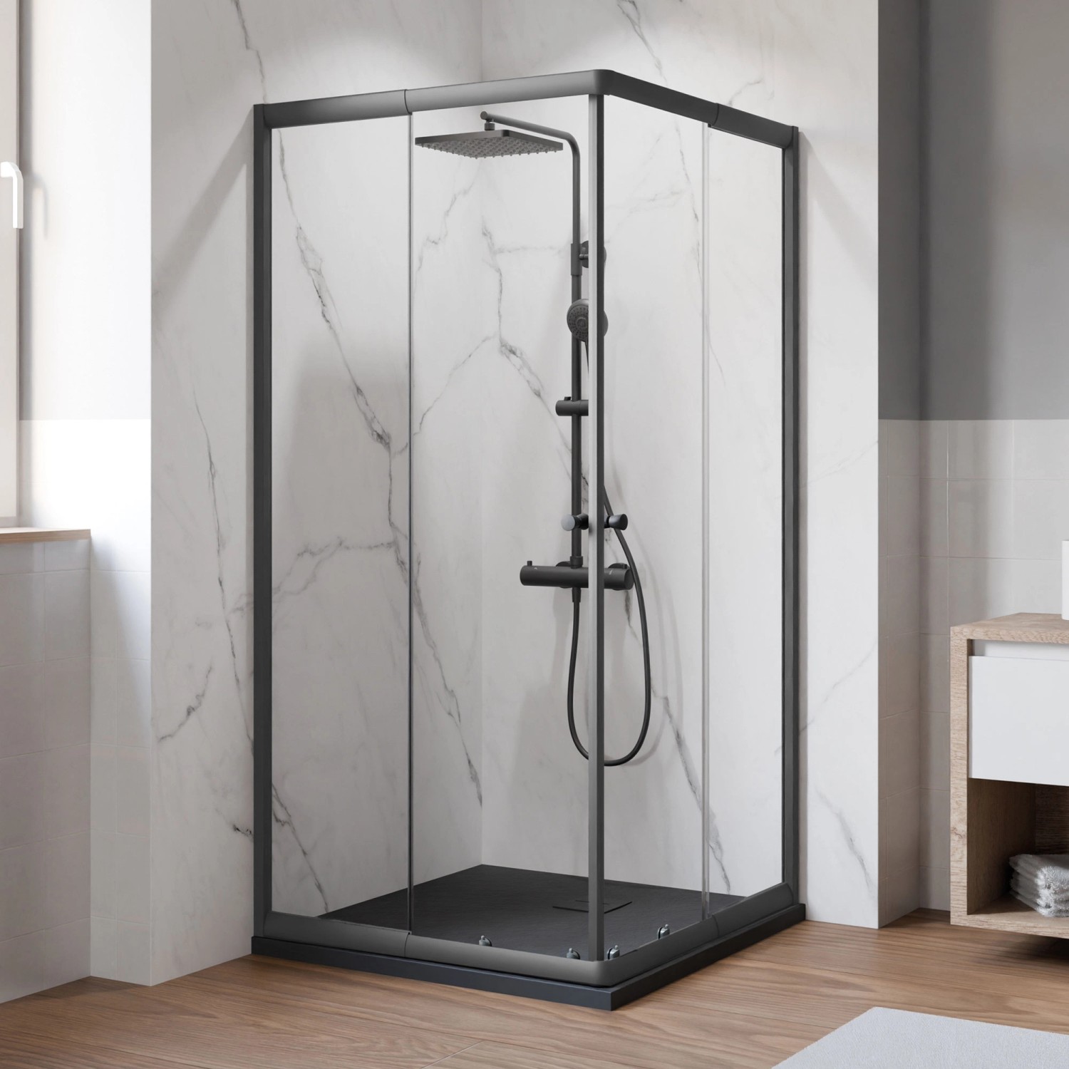 Breuer Eckeinstieg Ektos mit Schiebetür Klarglas 180 cm x 80-90 cm