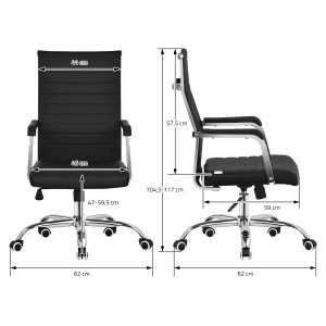 Schwarzer ML-Design Bürostuhl aus Kunstleder mit Stahlgestell, höhenverstellbar. Zwei Ansichten mit Maßen für Sitz und Rückenlehne.
