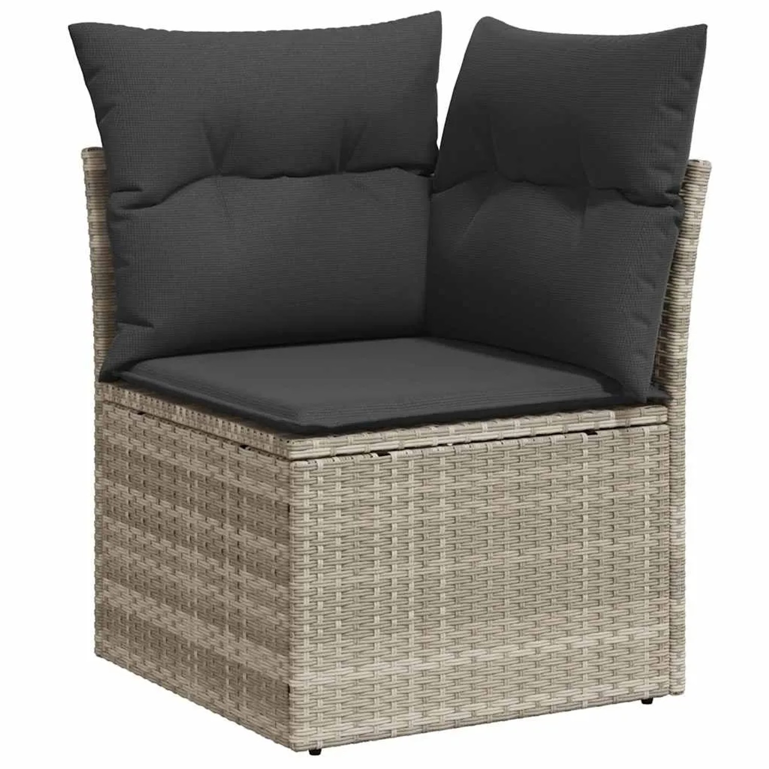 Hellgraues vidaXL Garten-Ecksofa aus Rattan mit grauen Kissen als Teil einer Sofagarnitur.