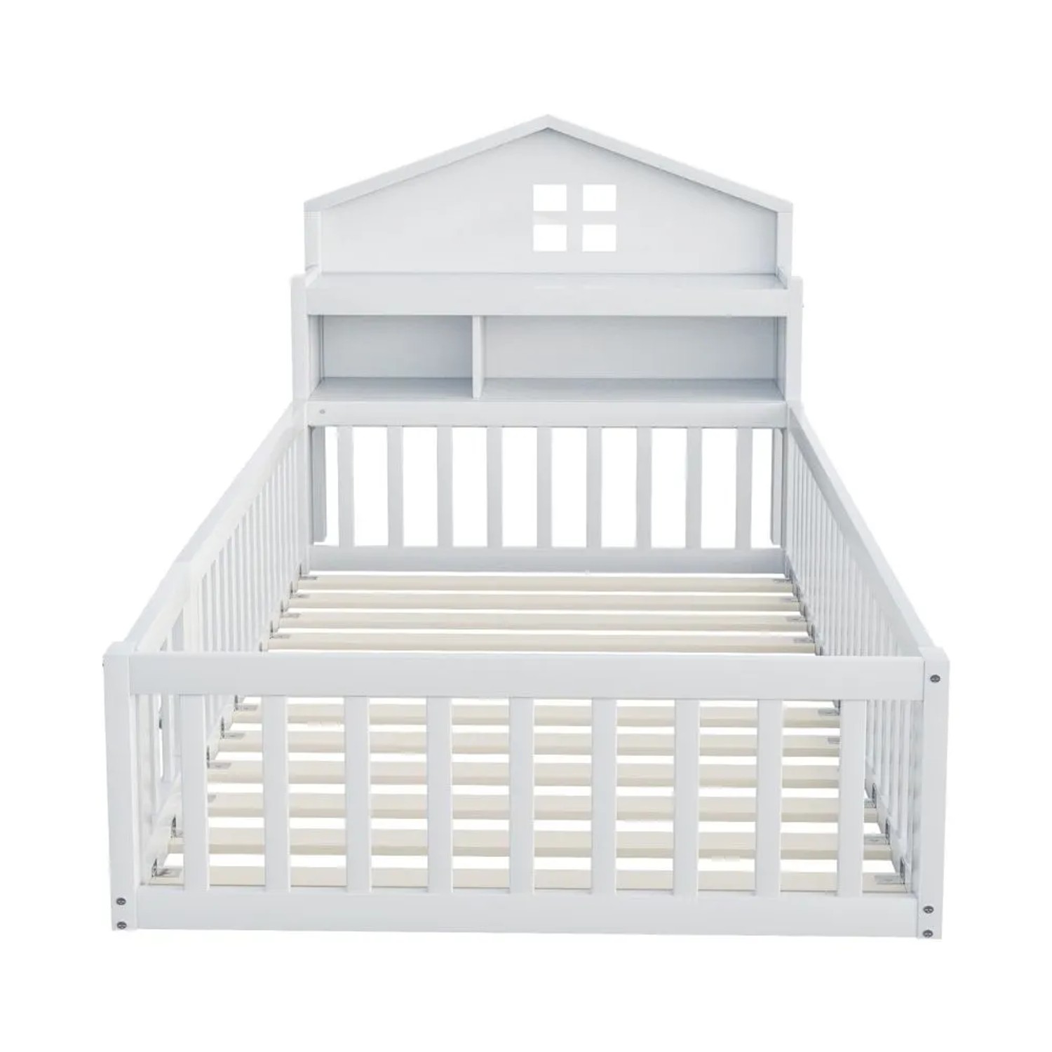 KOMHTOM Kinderbett 90 x 200 Cm  Mit Ablagefächern  Bilderleiste  Sicherheitsgitter  Tür  Lattenrost  Massivholzrahmen  Weiß