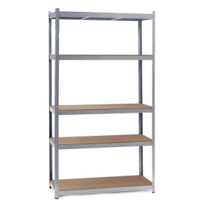 Stabiles Wiltec Schwerlastregal aus verzinktem Metall mit 5 braunen MDF-Ablagen, 100x60x200cm, für Werkstatt & Keller.
