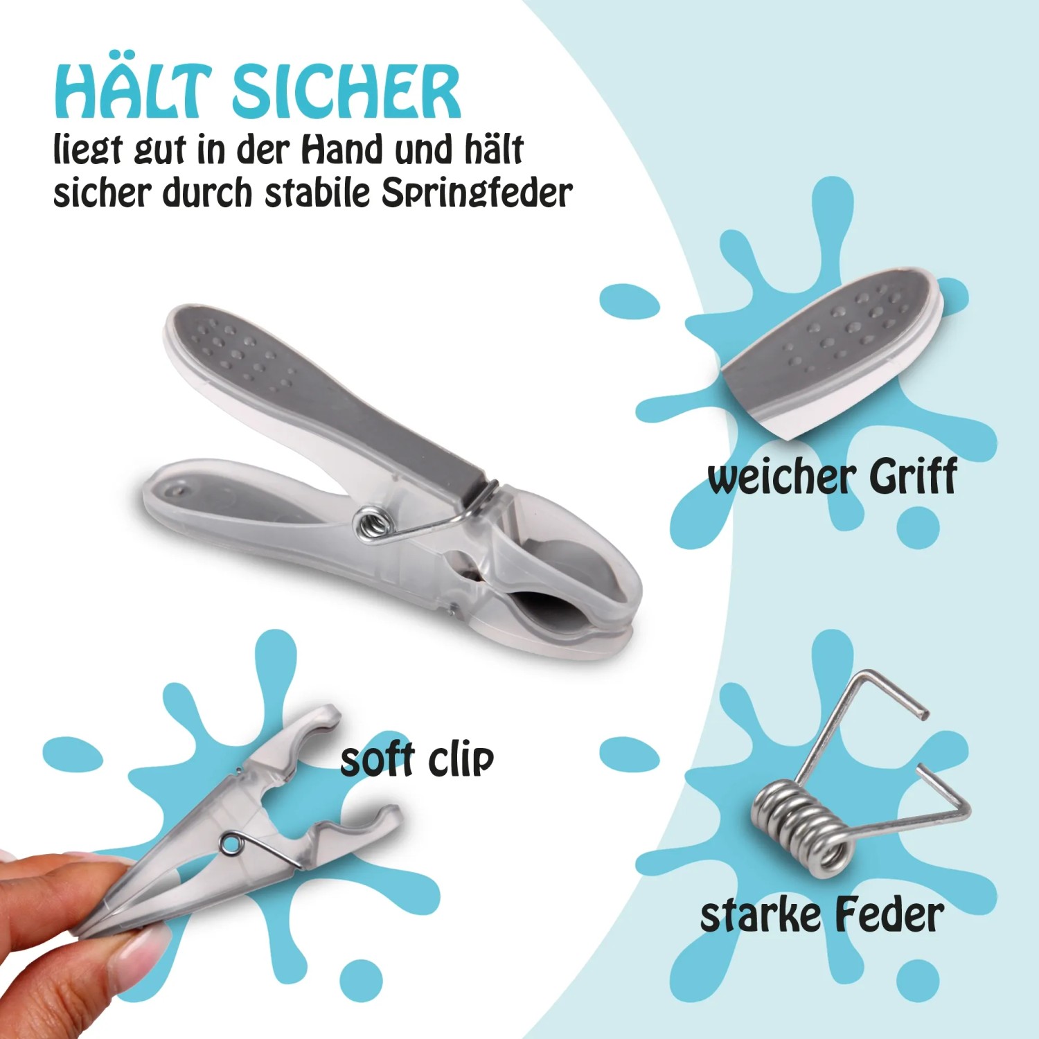 ProHome Wäscheklammern, anthrazit und grün, 20er Pack. Details zu Griff, Feder und Clip.