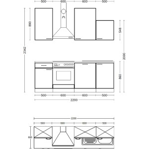 Skizze der Flex-Well Exclusiv Küchenzeile Abaco, 220 cm, Perlmutt/Akazie, mit Maßen.