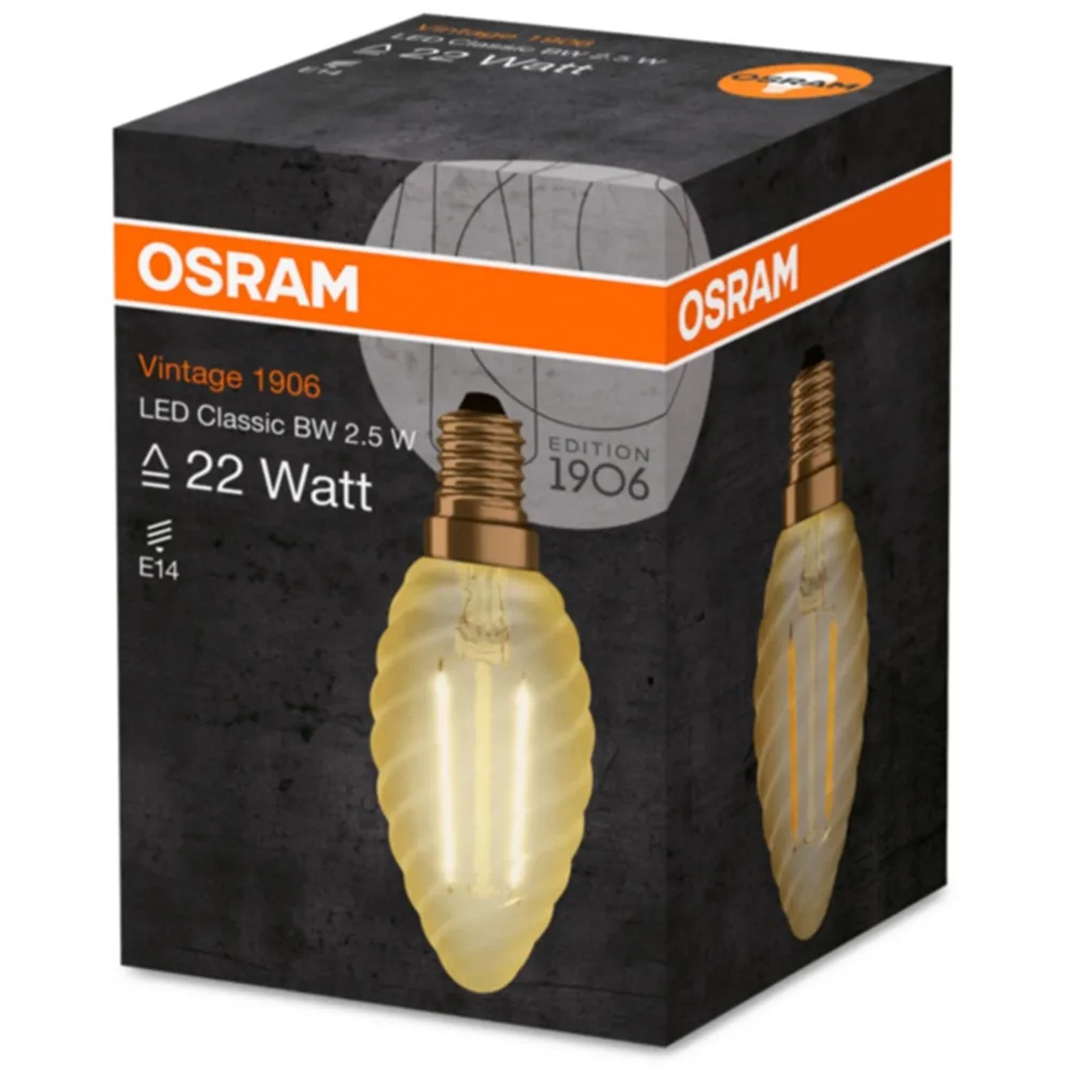 Osram E14 LED-Lampe in Kerzenform, 2,5W, extra warmweiß, auf Produktverpackung.