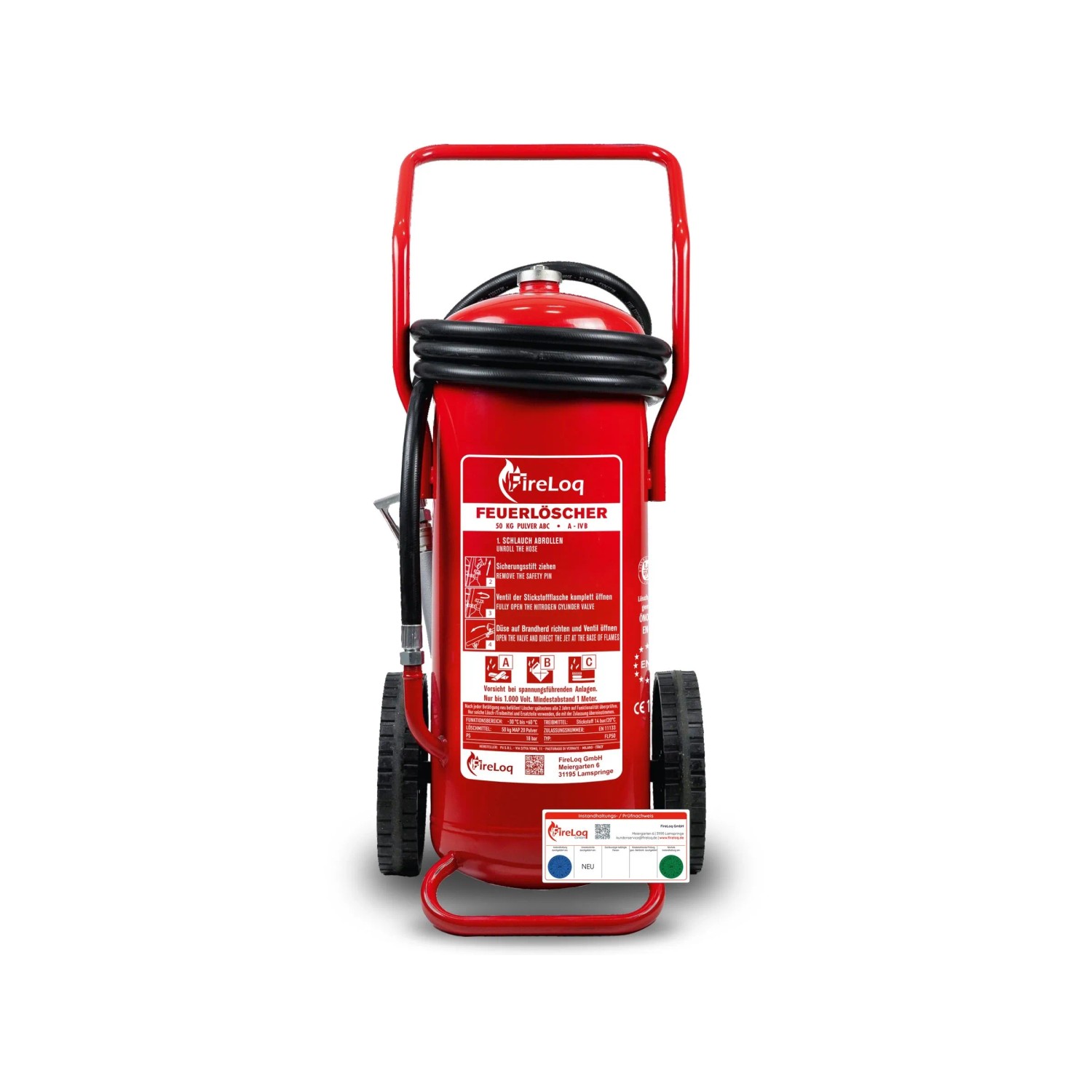 FireLoq 50kg Pulver fahrbarer Auflade Löschwagen Prüfnachweis Wandhalter
