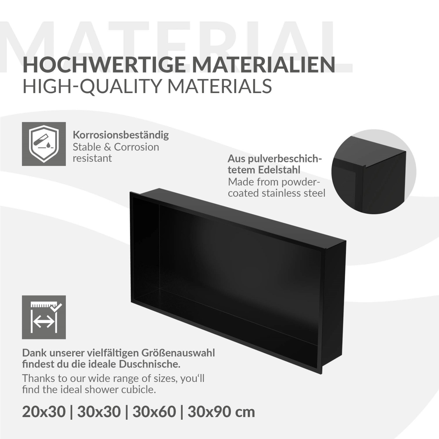 Schwarze LuxeBath Wandnische aus Edelstahl, 60x30x10 cm, mit Rahmen für Dusche.