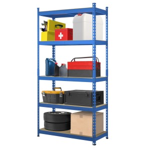 Blaues KARAT Schwerlastregal Rhino (180x90x45 cm) mit fünf Böden, beladen mit Werkzeug und Zubehör.