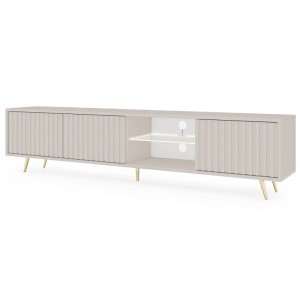 TV-Lowboard Bello 175 cm in Graubeige mit Lamellenfronten, goldenen Beinen und beleuchteten Glasfächern.