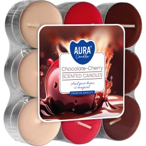 Duftkerzen Schokolade-Kirsche, 18er-Set. Teelichter in Rot-, Braun- und Beigetönen im transparenten Kunststoff.