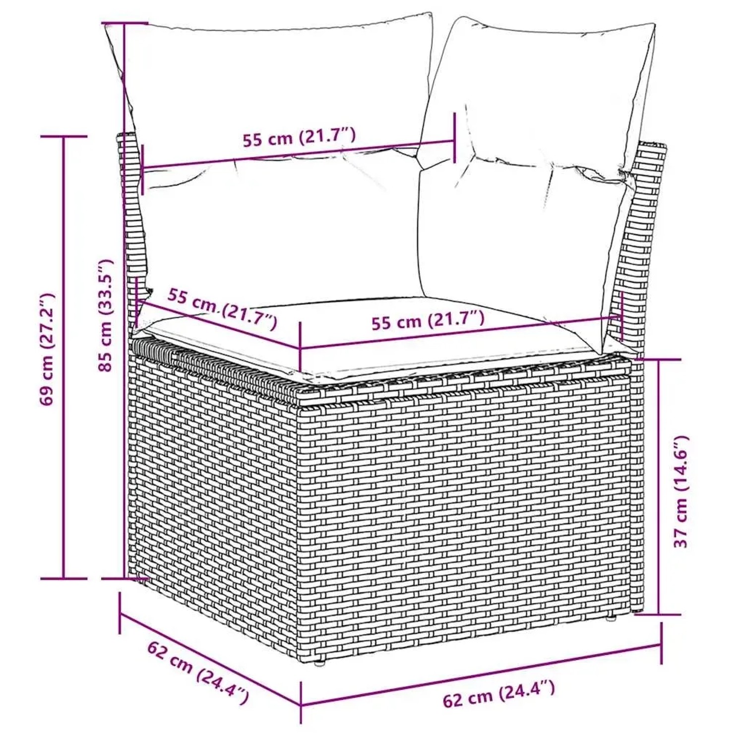 vidaXL Garten-Sofagarnitur, 11-teilig, schwarz, Poly Rattan, mit Maßangaben.