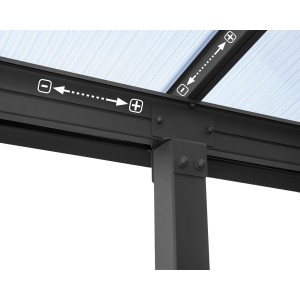 Detailaufnahme: Olympia Terrassenüberdachung in Anthrazit, klare Doppelstegplatten, Verbindungssystem.