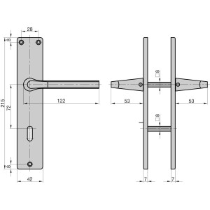 Technische Zeichnung: Basi Langschild-Garnitur ZB 4100, Alu F1, eckig, Buntbart-Lochung mit Maßen.