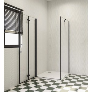 Eckige Duschkabine 80x90x185cm mit Falttür und Seitenwand, 6mm Glas, schwarzer Rahmen.