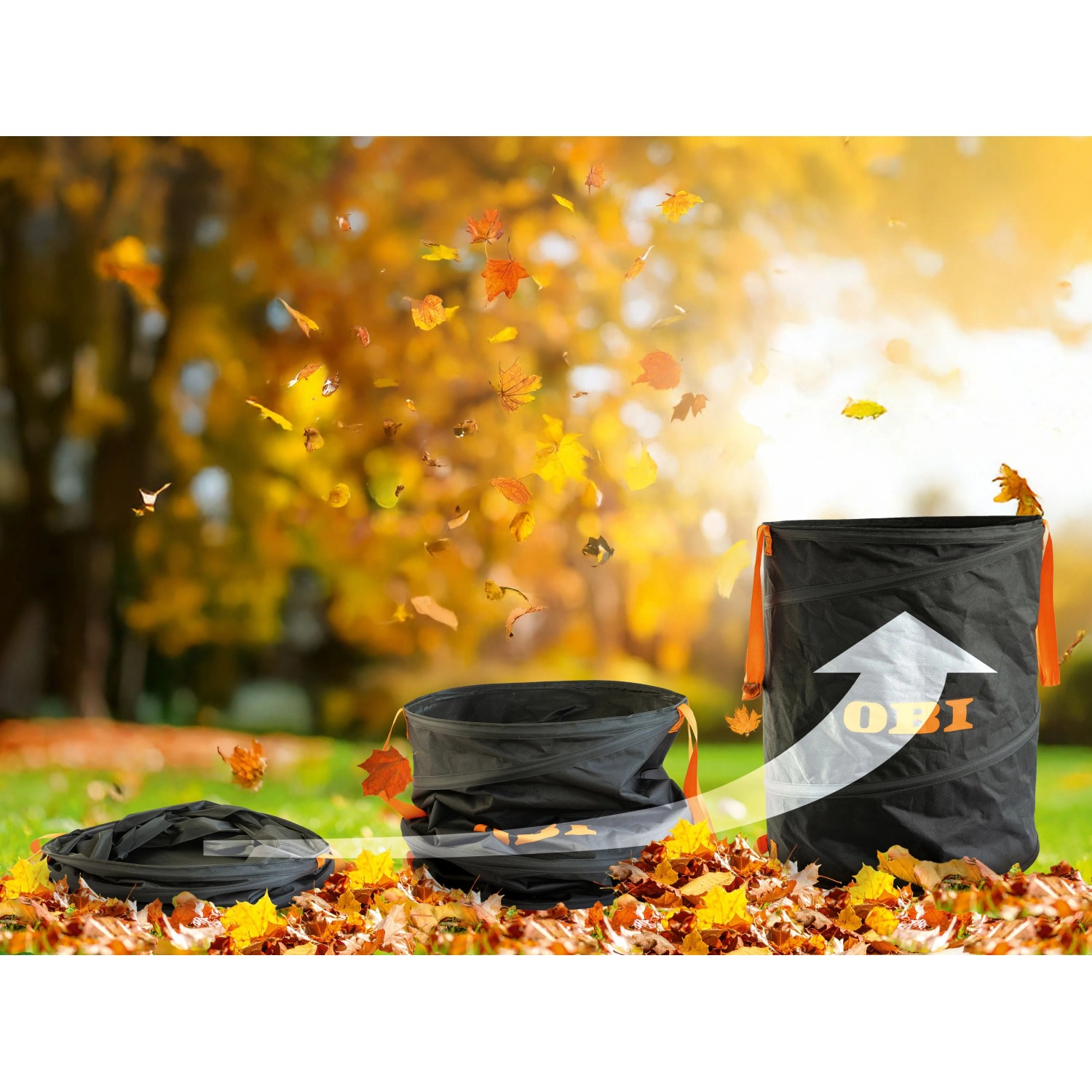 OBI Gartensack Pop-Up, 170 l, in drei Stadien: flach, halb geöffnet, voll. Ideal für Laub und Rasenschnitt.