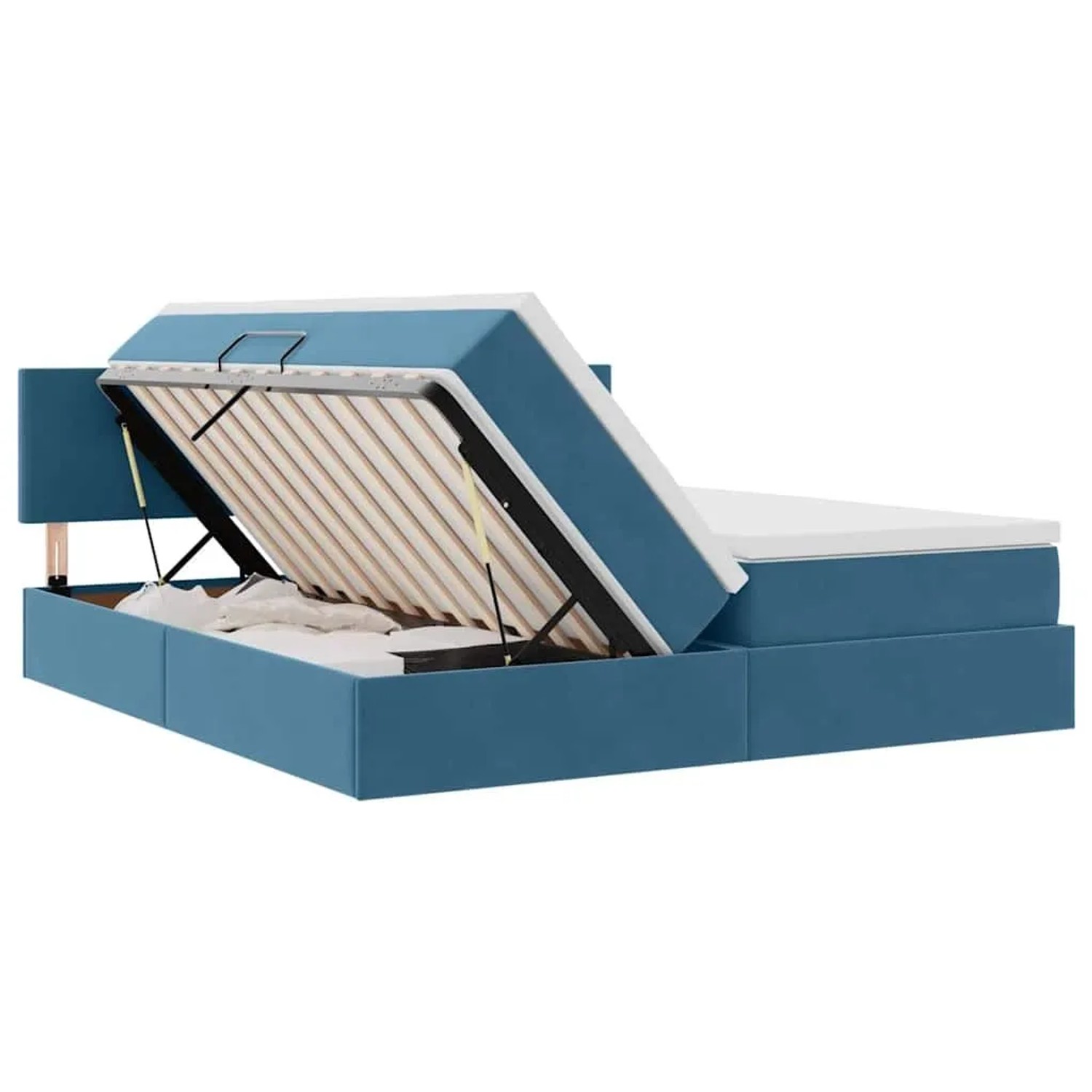 Dunkelblaues vidaXL Bett (200x200 cm) mit LED und Stauraum unter hochgeklappter Matratze.