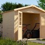 Naturbelassenes weka Gartenhaus 218 mit Satteldach und geöffneter Doppeltür, im Garten.