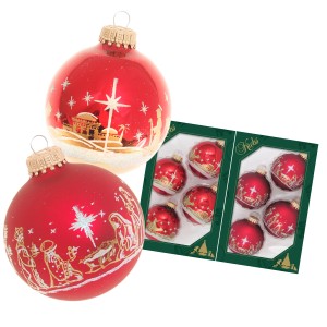 Krebs Glas Lauscha Weihnachtsbaumkugeln Heilige Nacht, 8-teiliges Set, rote Christbaumkugeln mit goldenem Dekor.