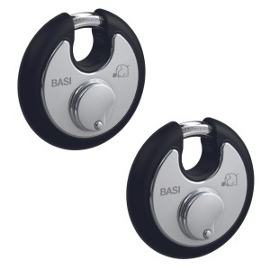 2er Set Basi Rundbügel-Vorhangschlösser, 70mm, schwarz, aus Edelstahl mit Witterungsschutz.