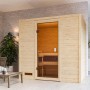 Woodfeeling Sauna Selena mit Ofen und LED-Dachkranz, Frontansicht mit Glastür.