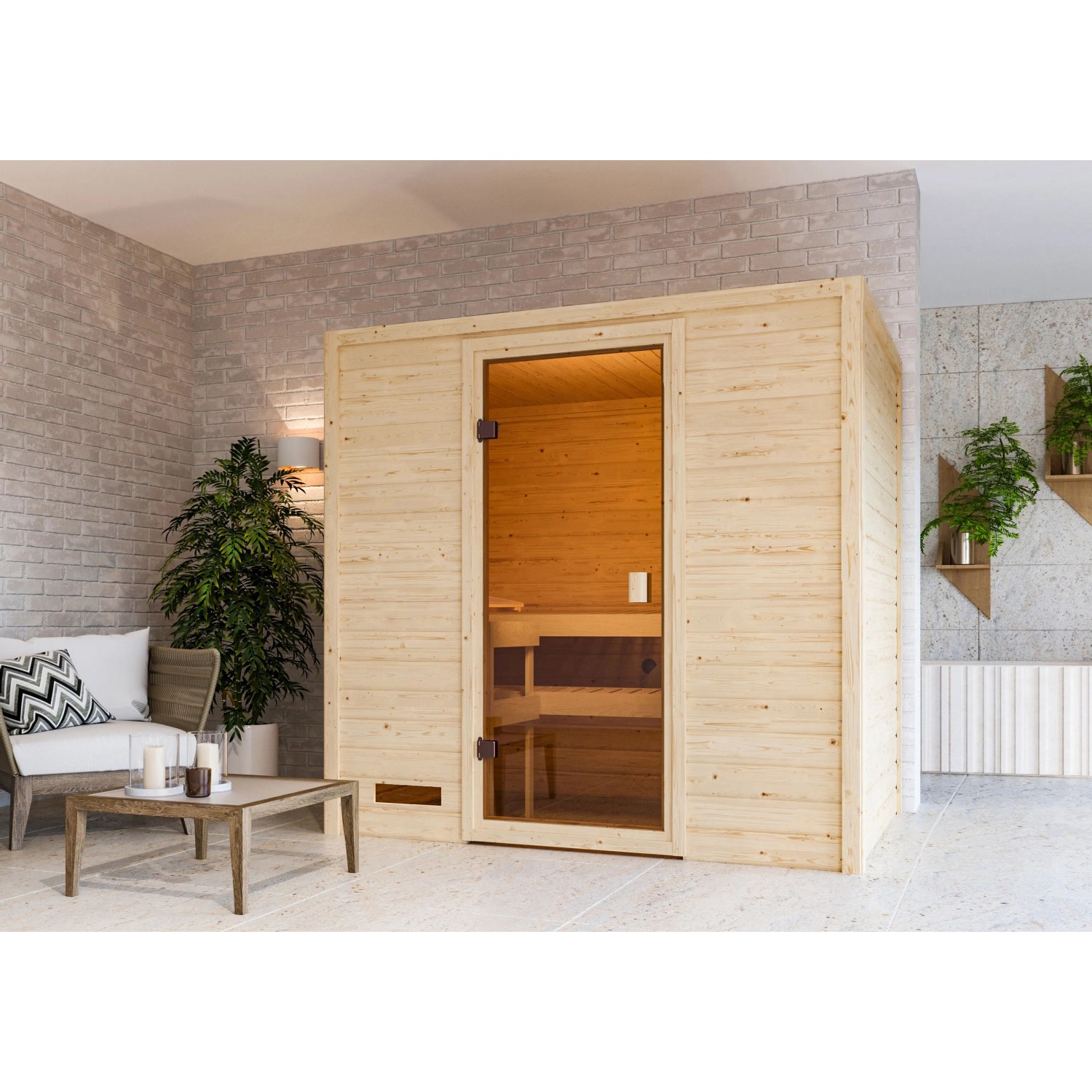 Woodfeeling Sauna Selena mit Ofen und LED-Dachkranz, Frontansicht mit Glastür.