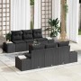 7-teiliges Garten-Sofa-Set aus Polyrattan und Akazie in Schwarz mit Kissen.