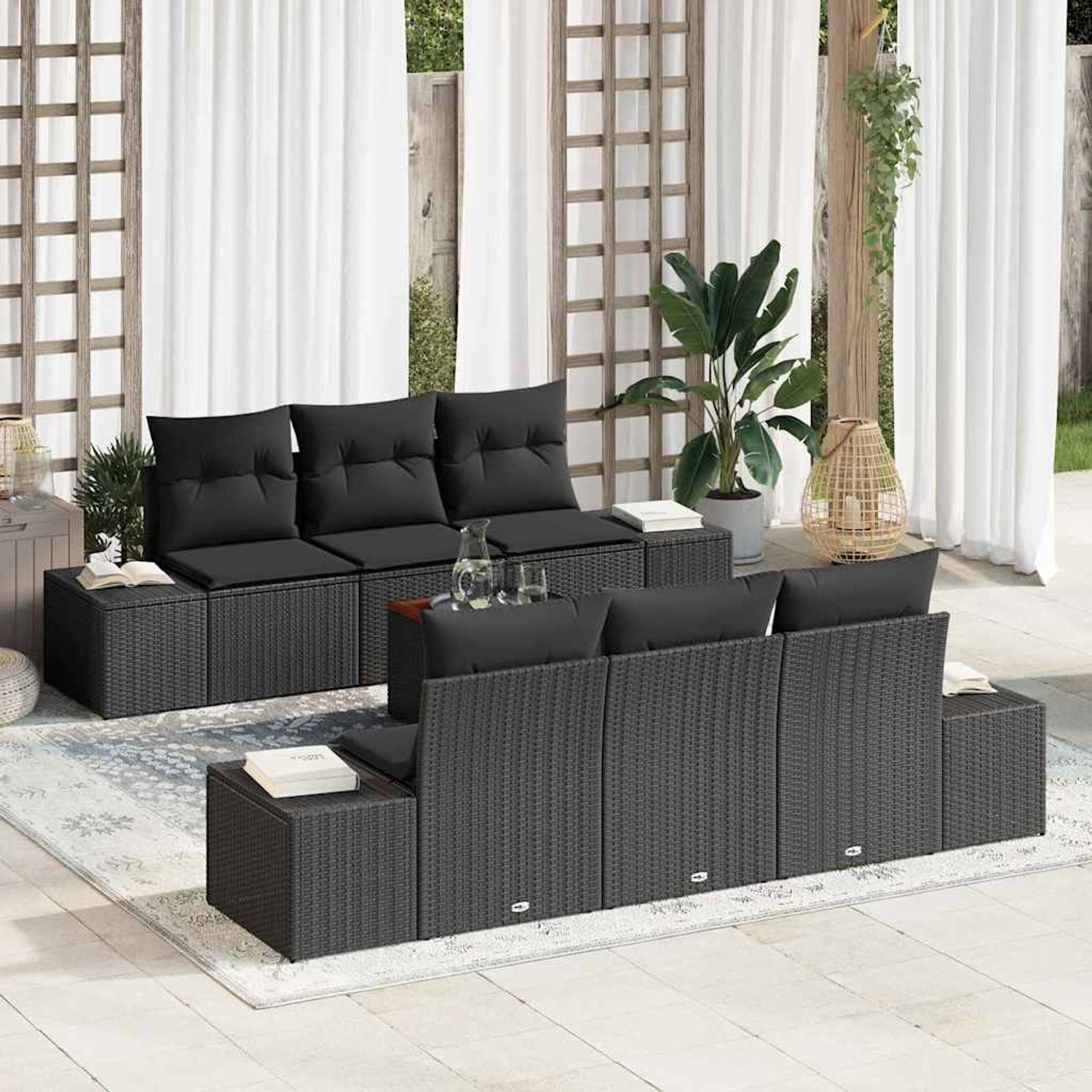 vidaXL 7-Teiliges Garten-Sofa-Set mit Kissen in Schwarz aus Poly Rattan und günstig online kaufen