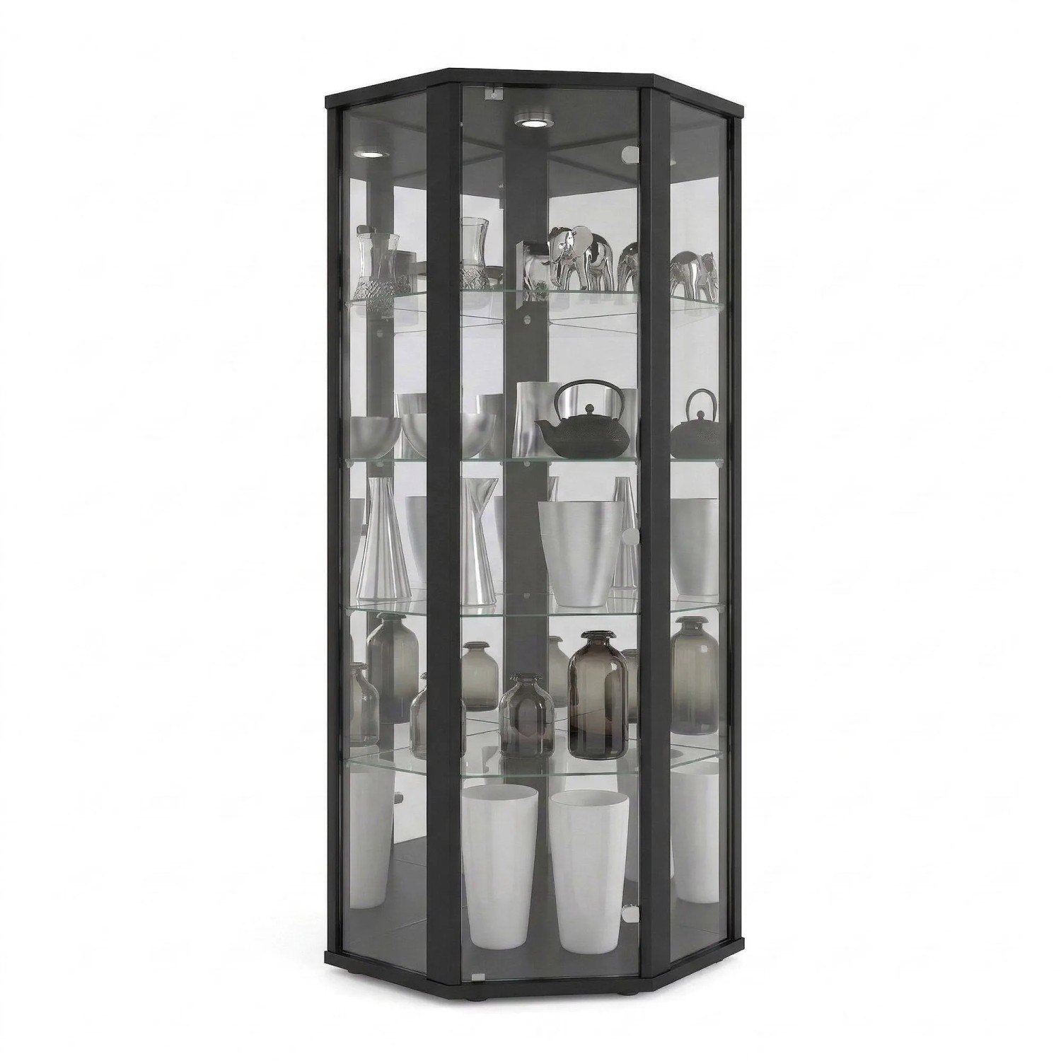 K-Möbel Eckvitrine Glas Stehend 176x56,5x56,5 cm Made in Germany mit Schloss Spiegel & LED Schwarz
