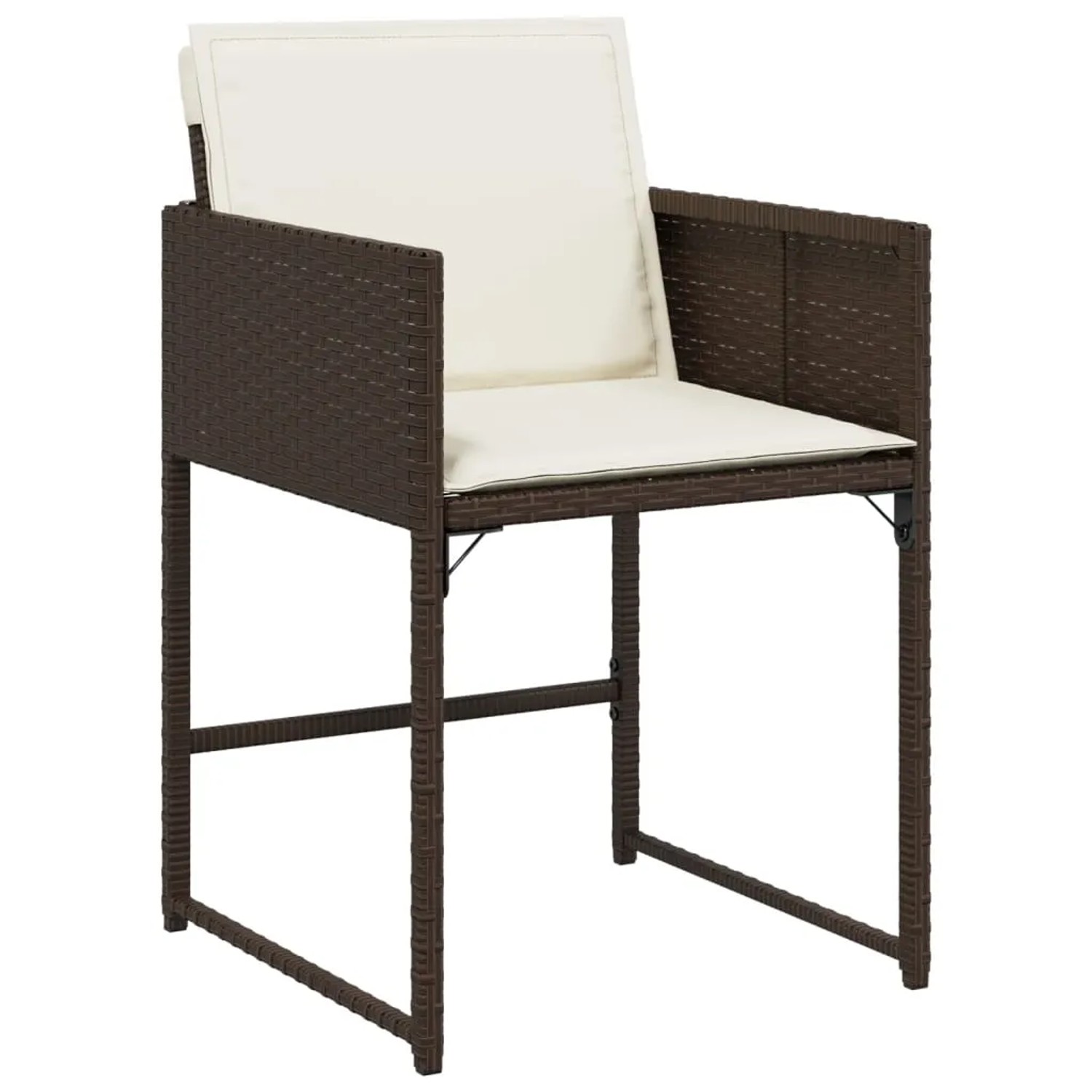 Brauner Gartenstuhl aus Rattan mit cremefarbenen Kissen, Teil der vidaXL 11-tlg Essgruppe.