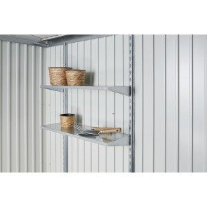 Biohort Regale-Set mit 4 Böden im Gartenhaus, ideal zur Aufbewahrung von Gartenzubehör.