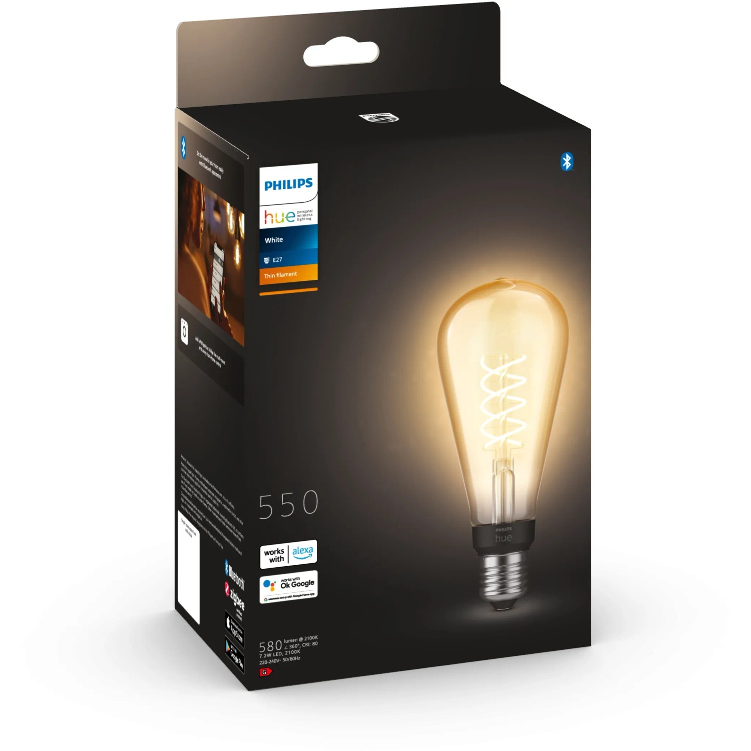 Philips Hue LED-Filament Leuchtmittel E27 im Retro-Look, warmweißes Licht, 550 lm, Einzelpack.