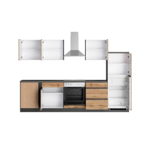 Moderne Winkelküche Turin in Wotaneiche-Graphit mit E-Geräten wie Herd, Kühlschrank und Geschirrspüler.