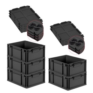 PROREGAL SparSet 5x Eurobox Nextgen Grip Mit Auflagedeckel Und Schwarzen Verschlüssen HxBxT 17x30x40cm 16 Liter Schwarz Griffe Geschlossen