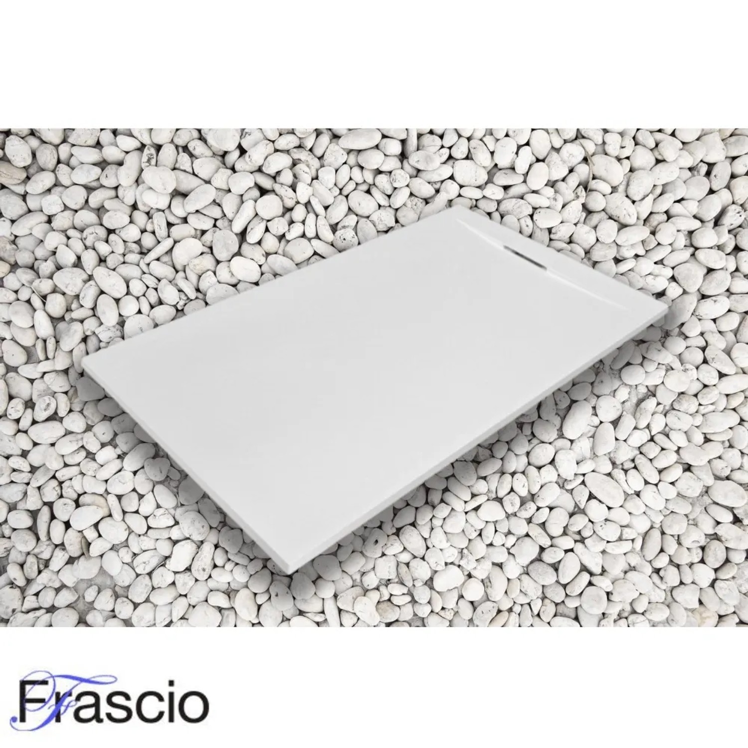 Weiße Frascio Duschwanne 175x90 cm aus Marmorharz mit Steinoptik und seitlichem Gitter.