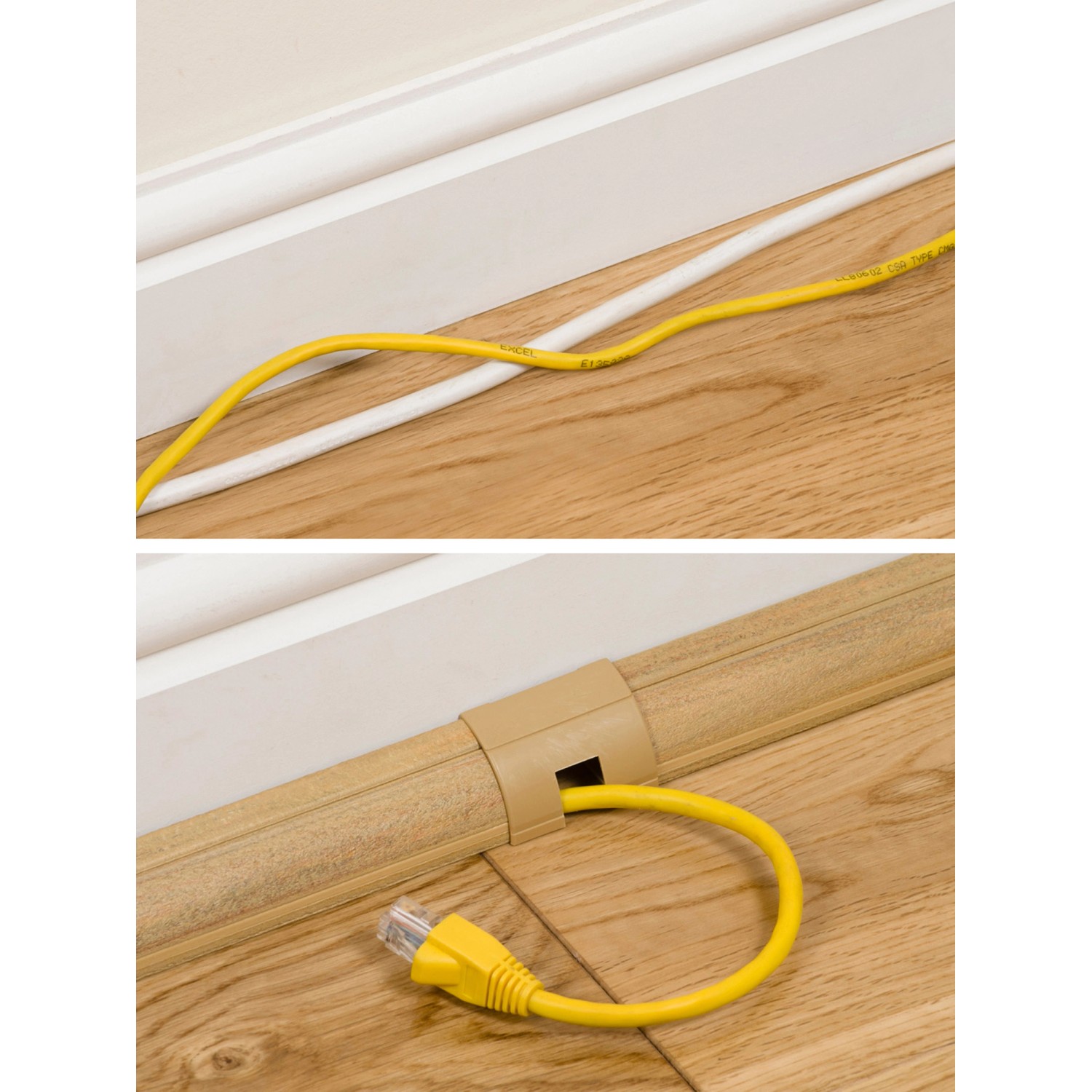 D-Line Kabelkanal Holzoptik 22x22mm mit gelbem Kabel an einer Wand entlang verlegt.