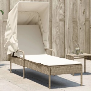 Beige Sonnenliege mit Dach aus Poly Rattan. Verstellbare Rückenlehne und bequemes Kissen.