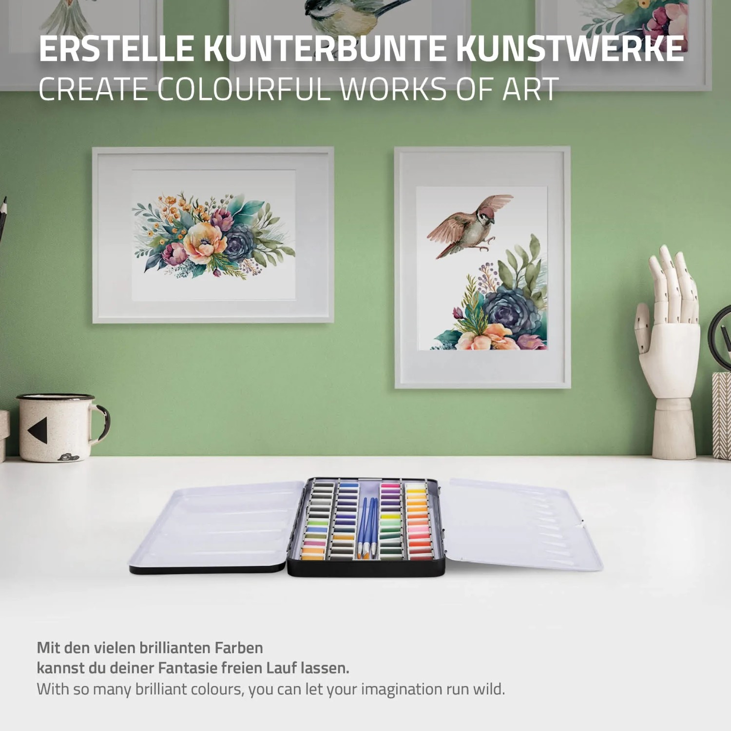 ECD Germany Aquarellfarben Set mit 48 Farben im Malkasten für Bastelfarben.