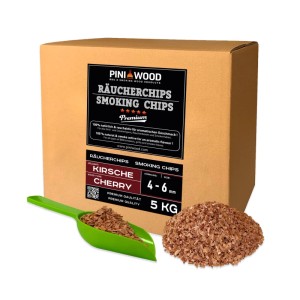 PINI Räucherchips Kirsche 5 kg, 4-6 mm, in Kartonbox mit Schaufel und Holzspänen. Ideal für Grill & BBQ.