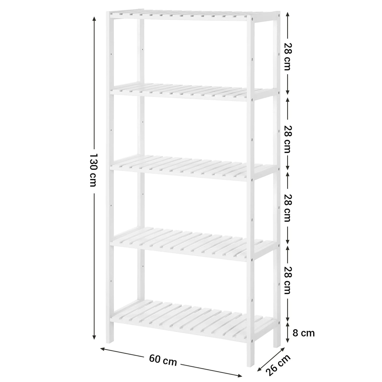 Weißes Songmics Badregal aus Bambus mit 5 Ablagen, 33x33x146 cm, für Badezimmer.