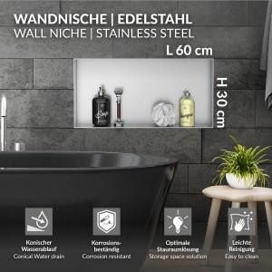 LuxeBath Wandnische aus Edelstahl, 60x30cm, silber, mit Duschutensilien im Badezimmer.