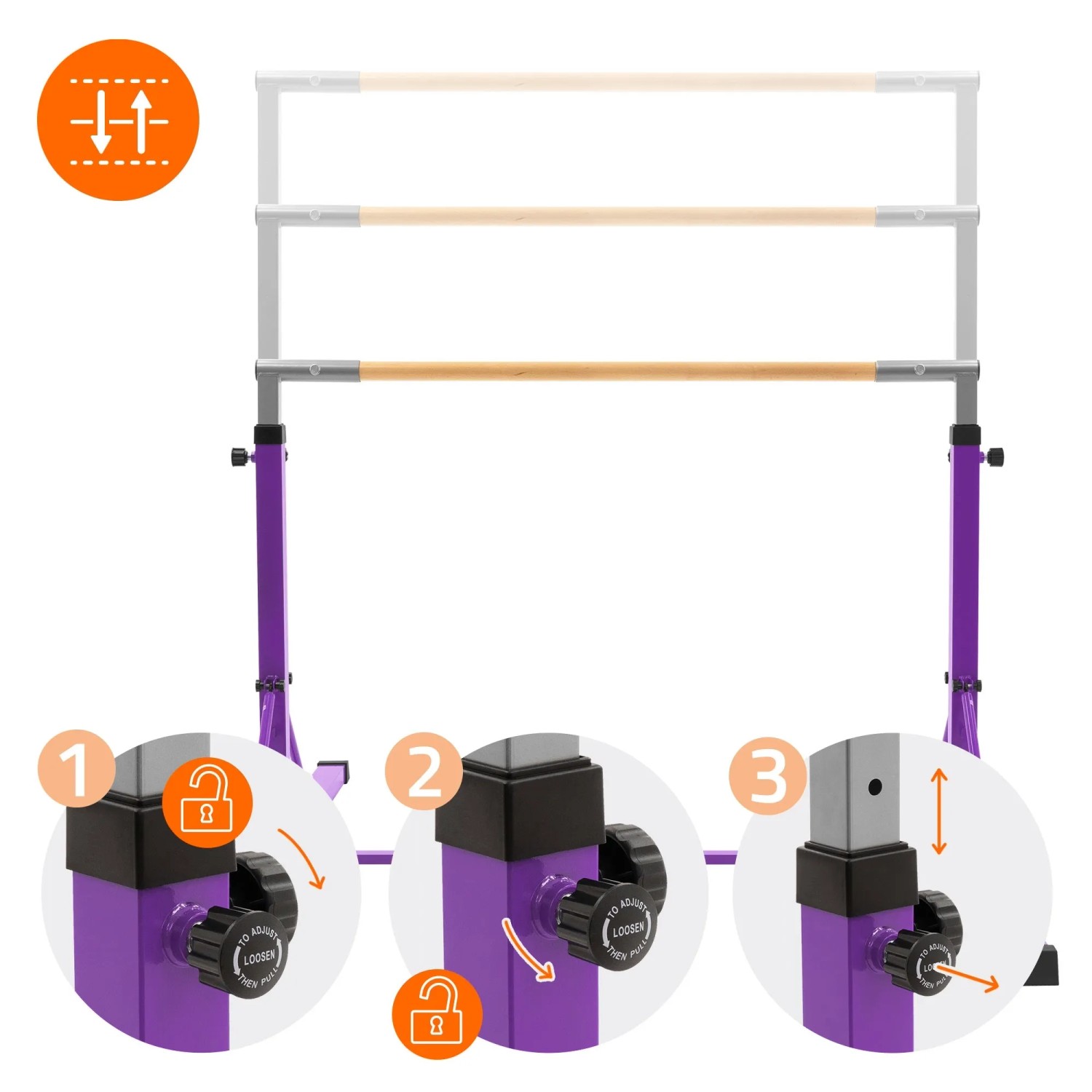 Lila Hauki Gymnastik Turnreck, höhenverstellbar. Die Holzstange ist in verschiedenen Höhen dargestellt, mit Detail des Verstellmechanismus.
