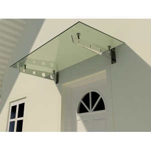 Modernes Glasvordach Modell Schwert Klarglas VS-Glas 275x120 cm über einer Haustür.