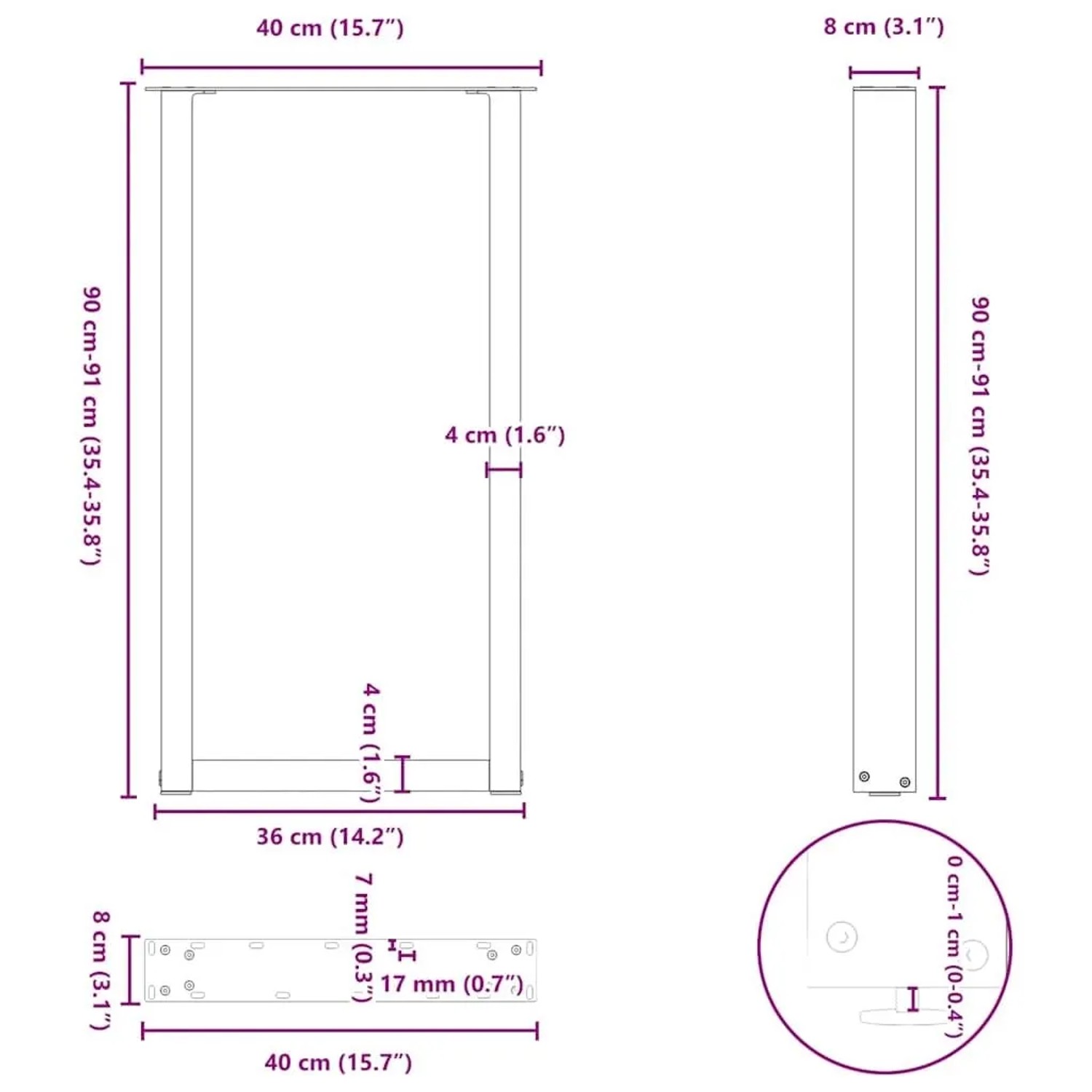 Technische Zeichnung eines anthrazitfarbenen U-förmigen Bartischbeins aus Stahl mit Maßen 40x90-91 cm. Möbelbein.