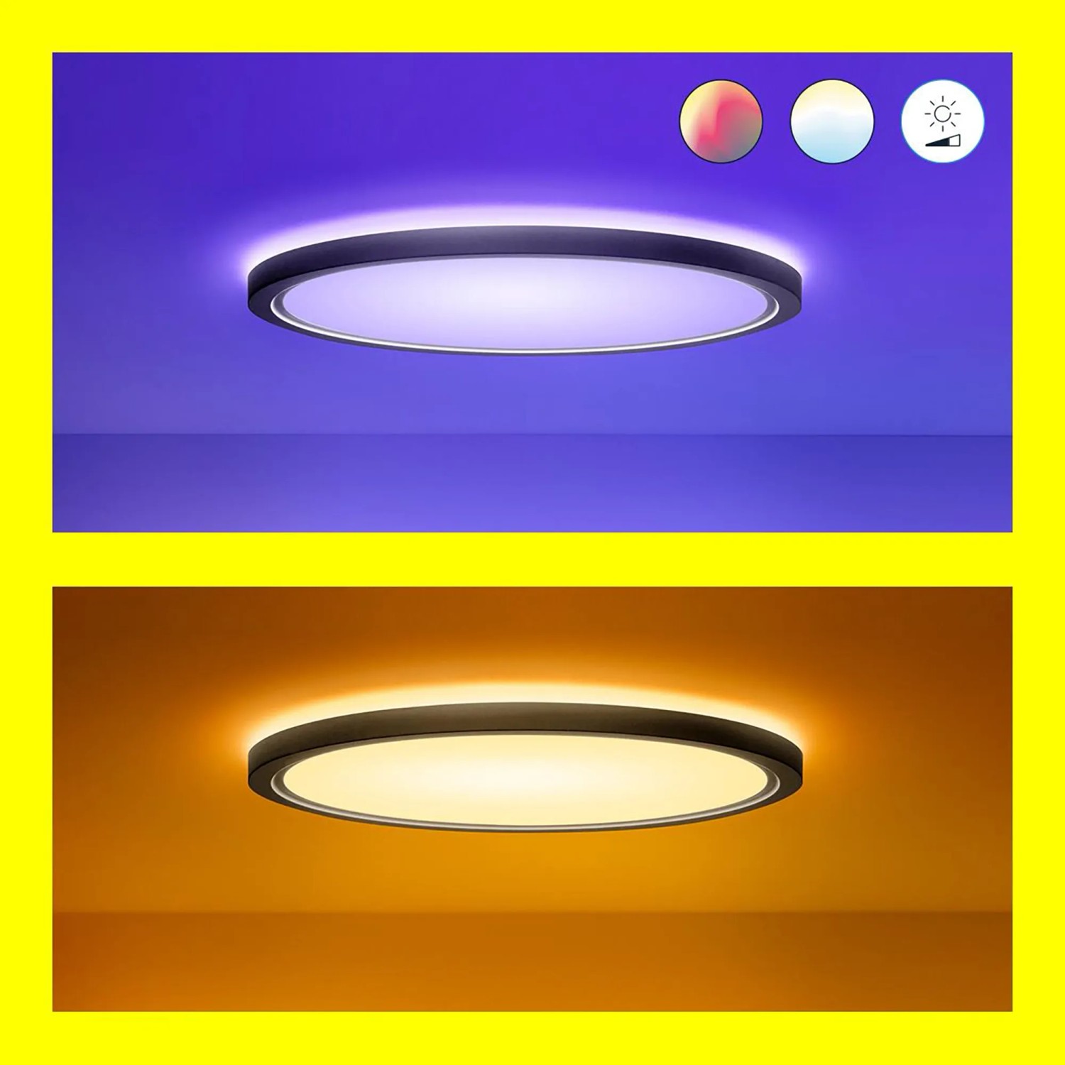 Schwarze WiZ SuperSlim LED Deckenleuchte mit Farbwechsel und verschiedenen Lichtszenen.