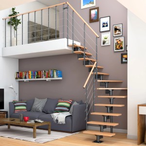 Dolle Mittelholmtreppe Boston, 1/4 gewendelt, Buche, Metall Anthrazit, mit einseitigem Geländer.