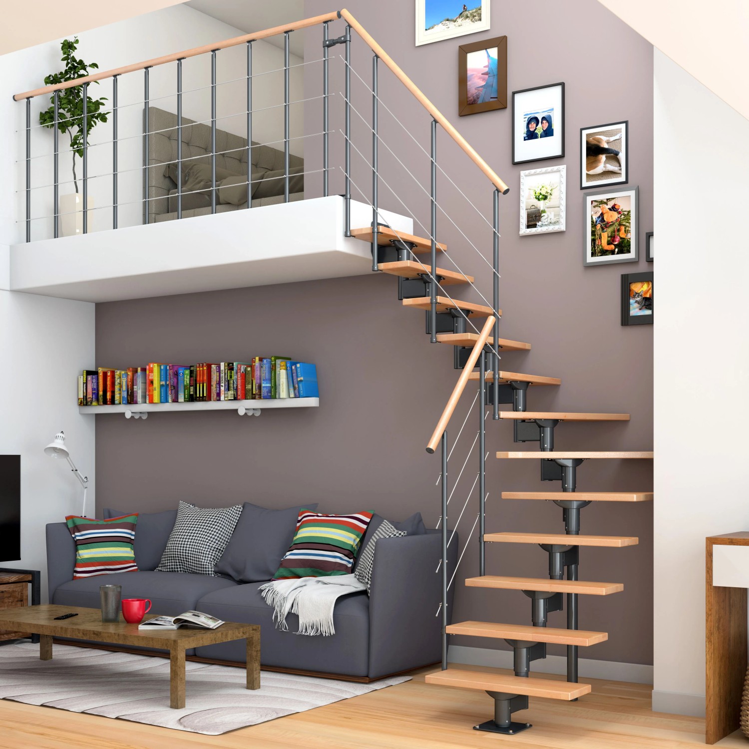 Dolle Mittelholmtreppe Boston, 1/4 gewendelt, Buche, Metall Anthrazit, mit einseitigem Geländer.