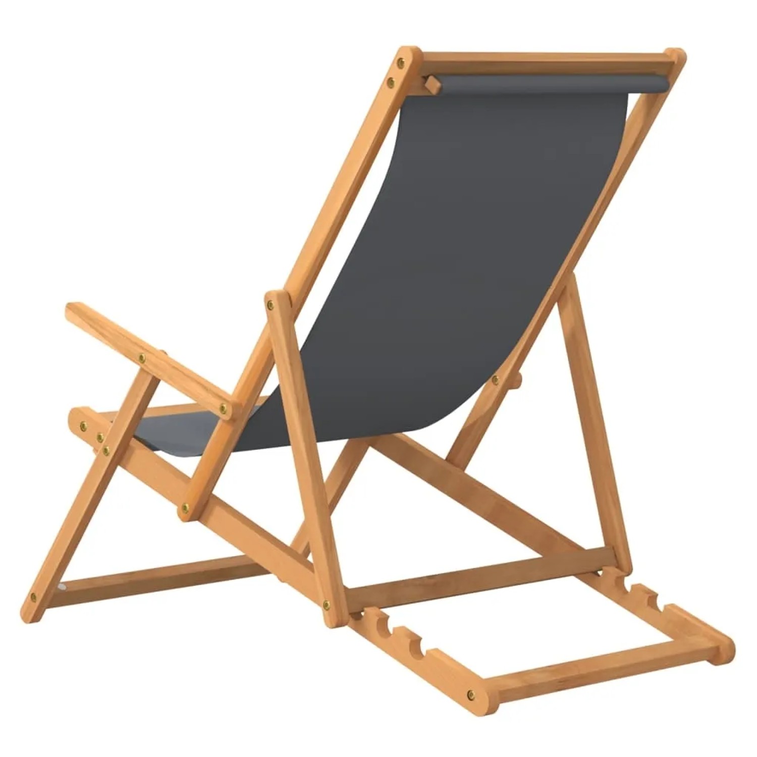 Klappbarer, grauer vidaXL Strandstuhl aus Teakholz, von hinten.