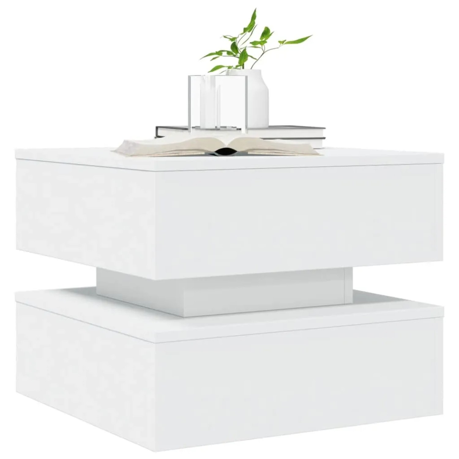 Weißer moderner Couchtisch mit LED-Leuchten, rechteckig, zweistufiges Design, für Wohnzimmer.