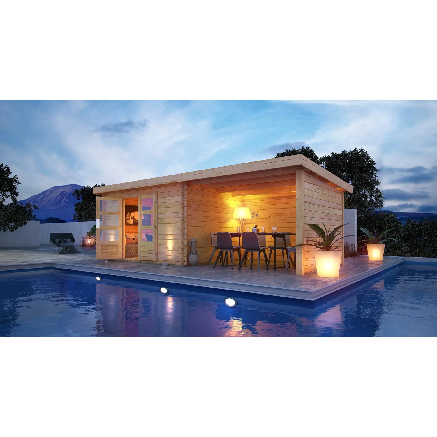 Karibu Holz-Gartenhaus Ängelholm mit Pultdach, unbehandelt, neben Pool mit Sitzbereich.