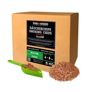 PINI Räucherchips Eiche 5 kg im Karton, mit Schaufel und Haufen der 4-6 mm Holzspäne für Grill & Smoker.